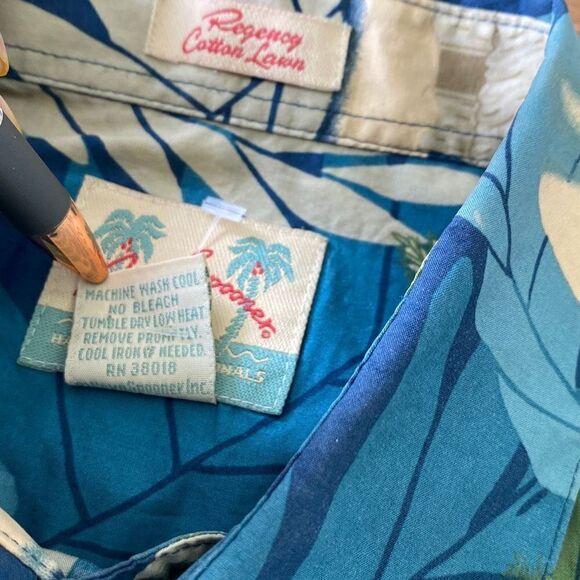 Reyn Spooner Cotton Cardboard Palms Aloha Hawaiian Shirt Blue Green Small - Picture 11 of 11